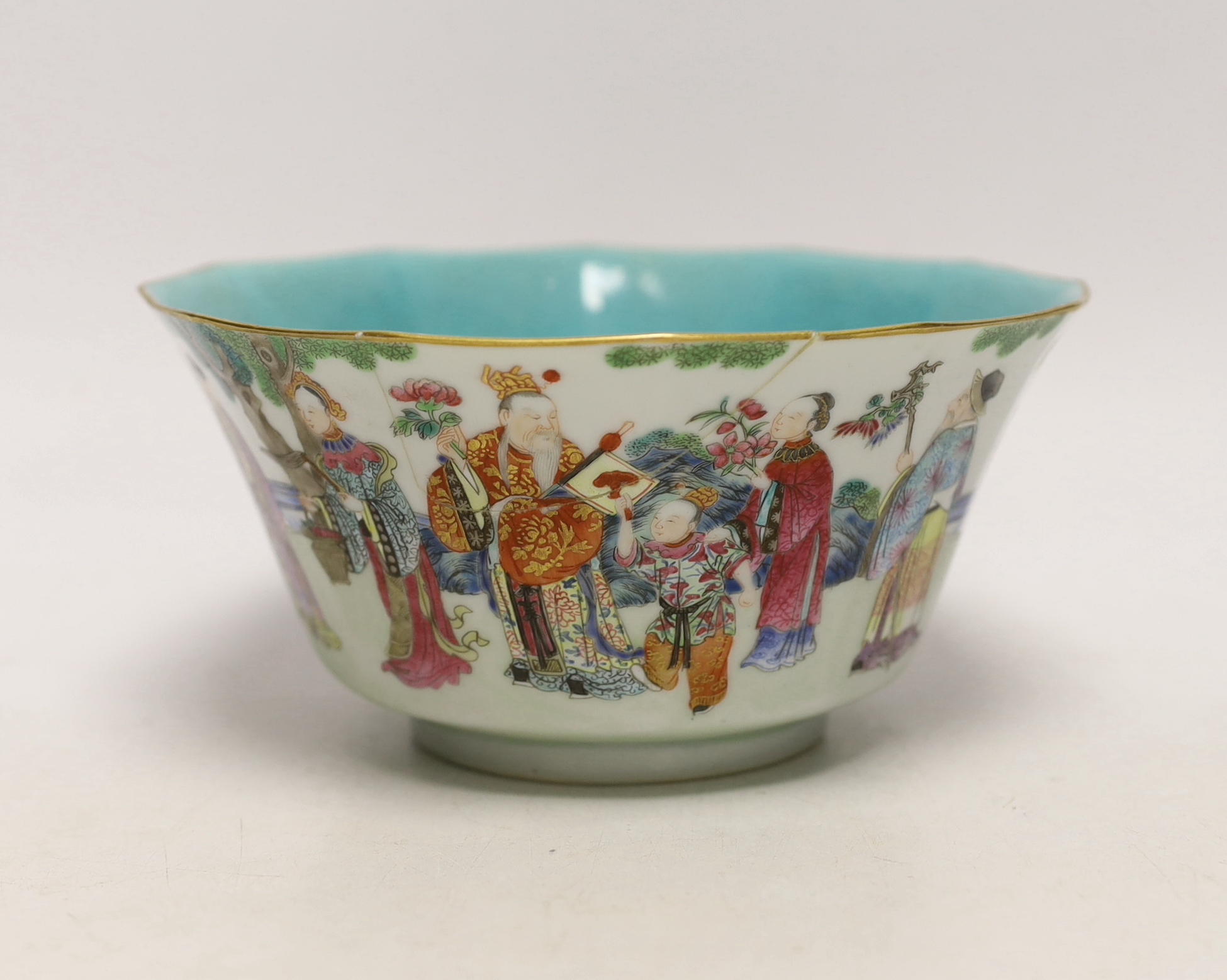 A Chinese famille rose bowl, Daoguang seal mark and of the period (1821-50), painted with famous historical and mythical figures, 18cm diameter (a.f.)